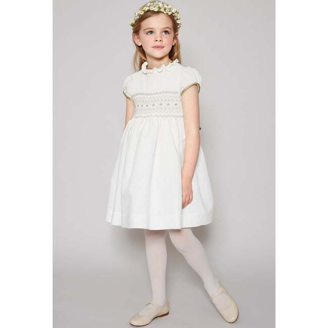 Girls Occasion Frill Collar Short Puff Sleeve Smocked Dress, Ivory - Dresses - 2