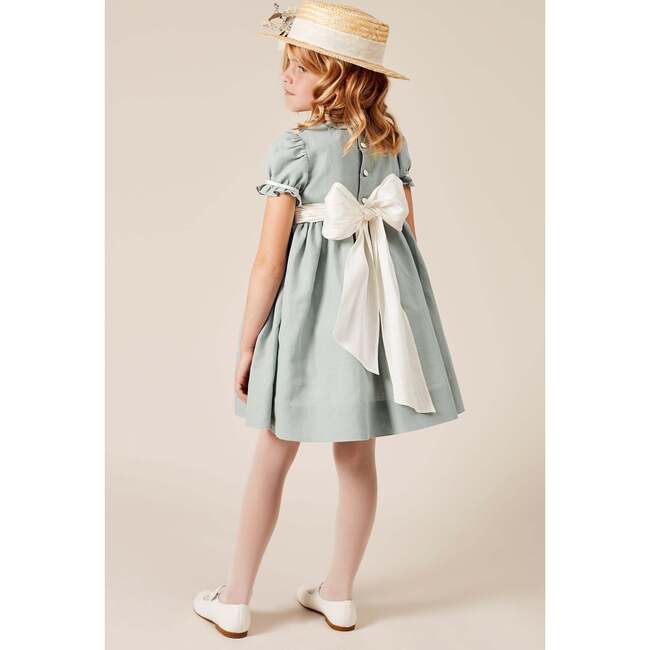 Girls Flower Occasion Frill Short Puff Sleeve Smocked Dress, Teal & Ivory - Dresses - 3