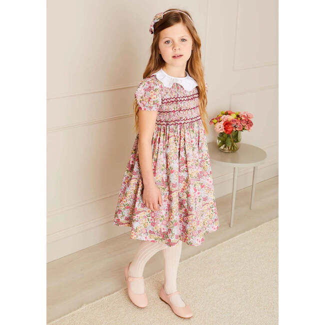 Florence Floral Print Short Sleeve Hand-Smocked Dress, Pink - Dresses - 2