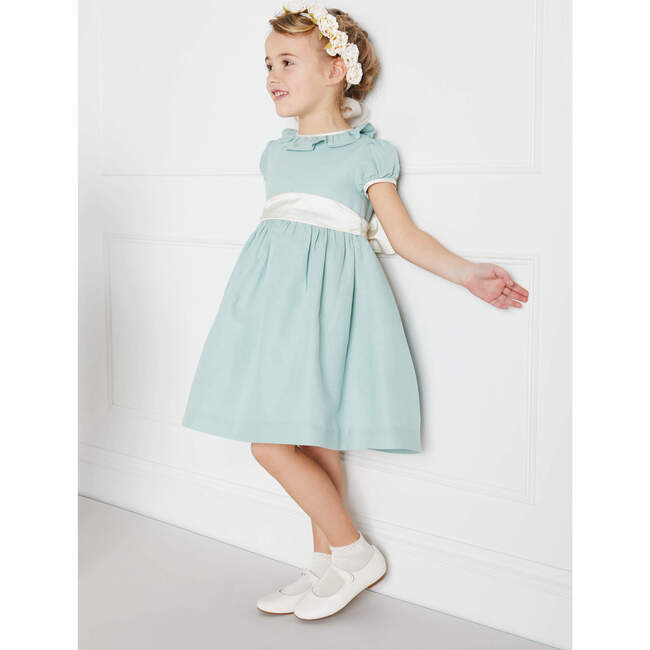 Girls Flower Frill Collar Short Puff Sleeve Sash Waist Dress, Teal - Dresses - 2