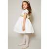 Girls Flower Frill Collar Short Puff Sleeve Sash Waist Dress, Ivory & Green - Dresses - 2