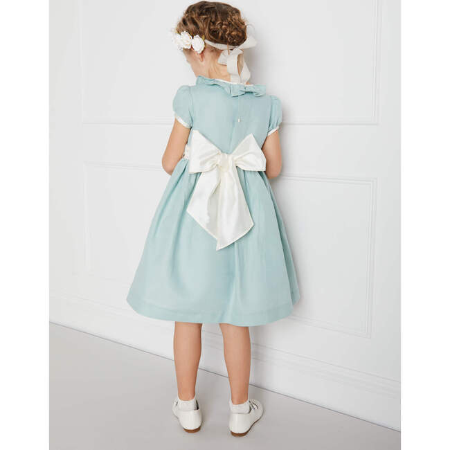 Girls Flower Frill Collar Short Puff Sleeve Sash Waist Dress, Teal - Dresses - 3