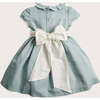 Girls Flower Frill Collar Short Puff Sleeve Sash Waist Dress, Teal - Dresses - 4