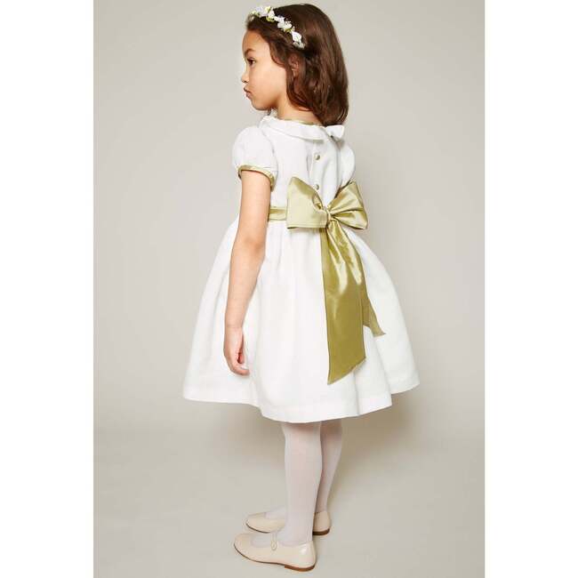 Girls Flower Frill Collar Short Puff Sleeve Sash Waist Dress, Ivory & Green - Dresses - 3