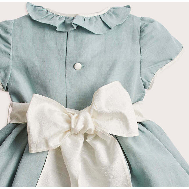 Girls Flower Frill Collar Short Puff Sleeve Sash Waist Dress, Teal - Dresses - 5