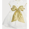 Girls Flower Frill Collar Short Puff Sleeve Sash Waist Dress, Ivory & Green - Dresses - 4