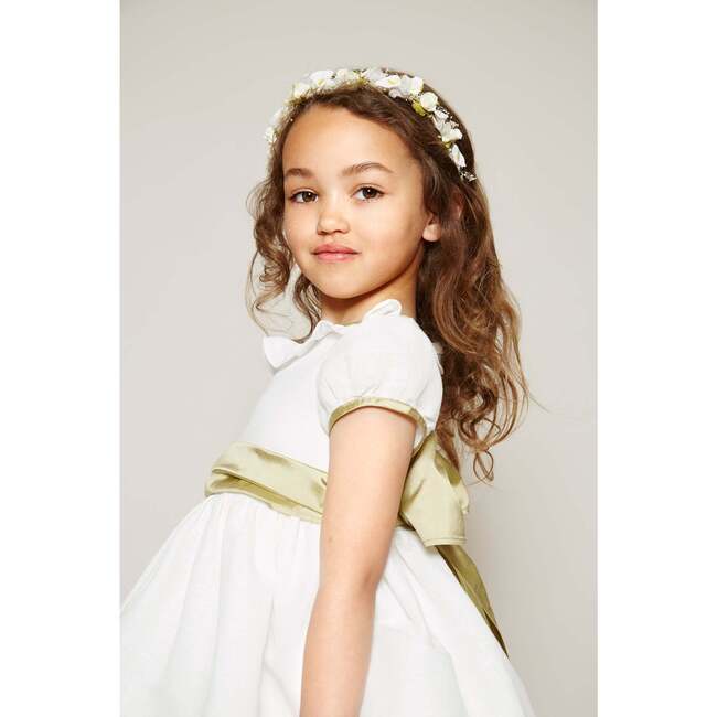 Girls Flower Frill Collar Short Puff Sleeve Sash Waist Dress, Ivory & Green - Dresses - 6