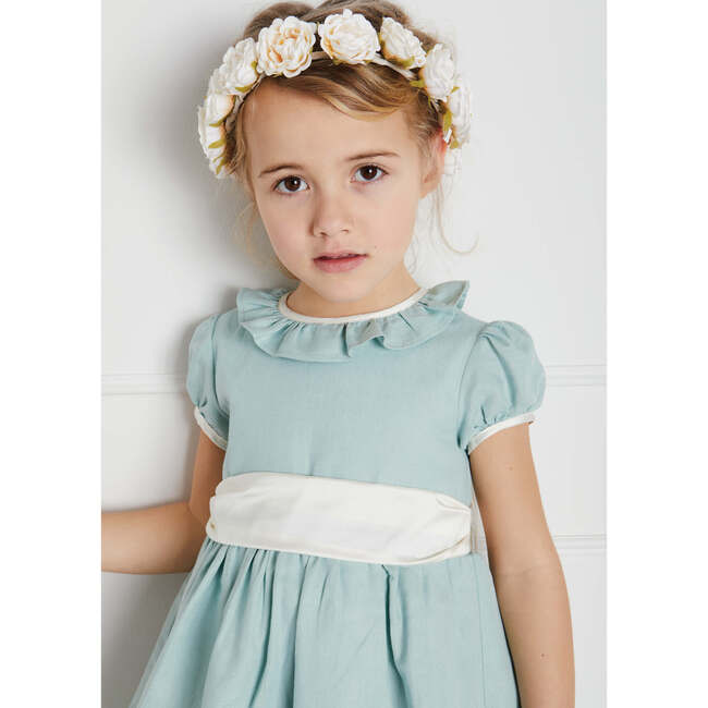 Girls Flower Frill Collar Short Puff Sleeve Sash Waist Dress, Teal - Dresses - 6