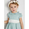 Girls Flower Frill Collar Short Puff Sleeve Sash Waist Dress, Teal - Dresses - 6