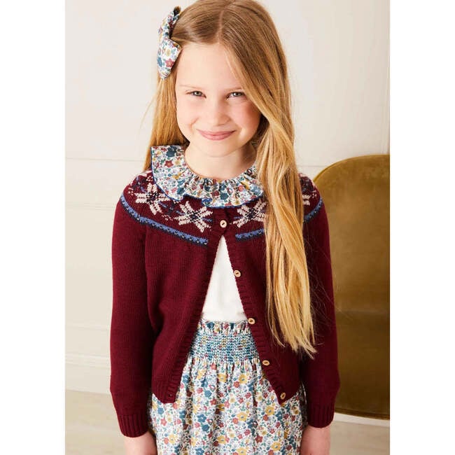 Fair Isle Long Sleeve Button-Up Knit Cardigan, Burgundy - Cardigans - 3