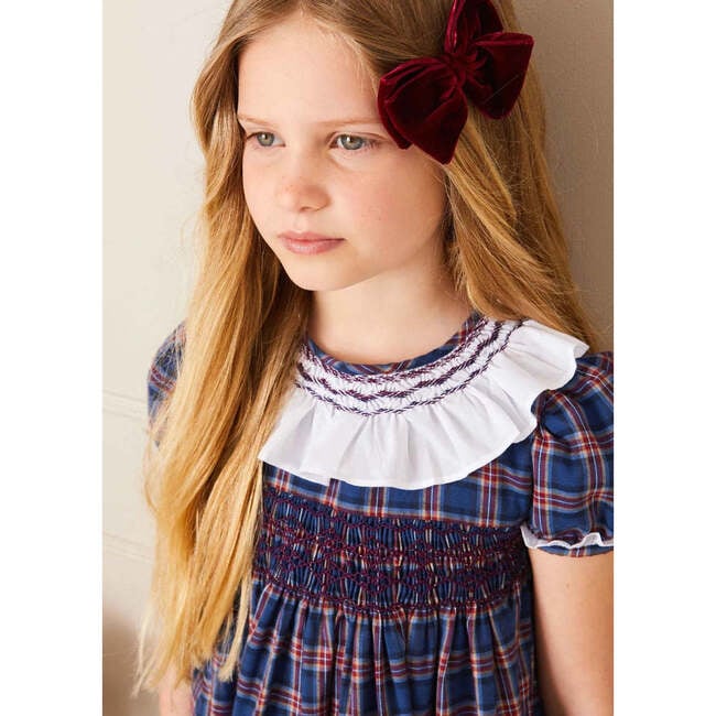 Eaton Checkered Short Sleeve Hand-Smocked Dress, Navy - Dresses - 3