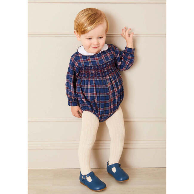 Eaton Checkered Long Sleeve Hand Smocked Romper, Navy - Rompers - 2