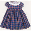 Eaton Checkered Short Sleeve Hand-Smocked Dress, Navy - Dresses - 5