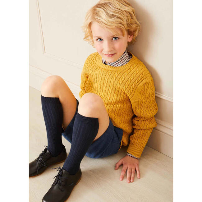 Crew Neck Long Sleeve Cable Knit Jumper, Mustard - Sweaters - 4