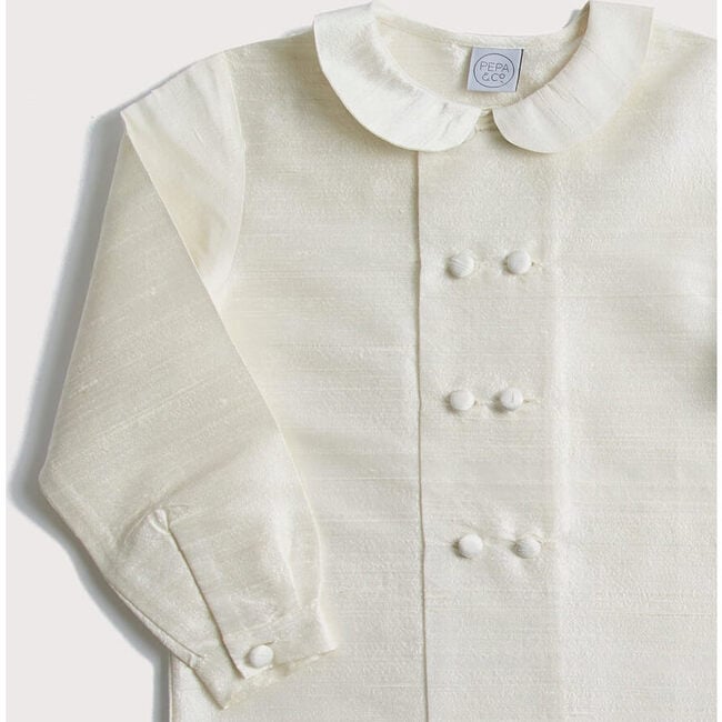 Boys Peter Pan Collar Long Sleeve Double-Breast Silk Shirt, White - Shirts - 3