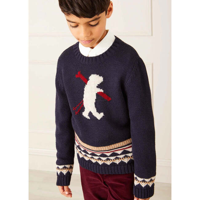 Bear Intarsia Elastic Hem Crew Neck Long Sleeve Jumper, Navy - Sweaters - 3