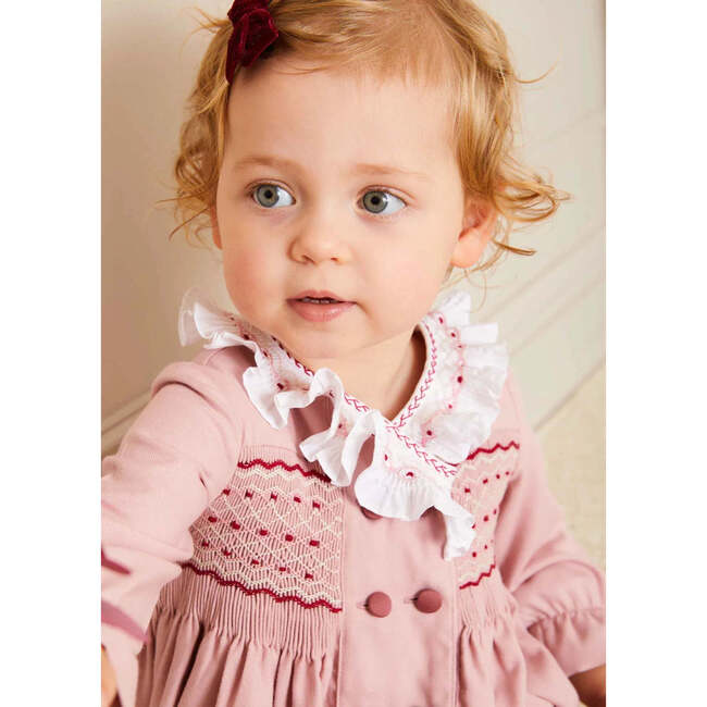 Double-Breast Long Sleeve Hand-Smocked Romper, Pink - Rompers - 3