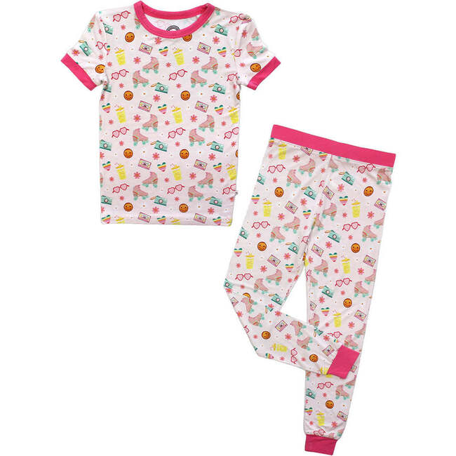 Let the Good Times Roll Roller Skates Two-Piece Bamboo Short Sleeve Kids Pajama Pants Set Pink/Multi