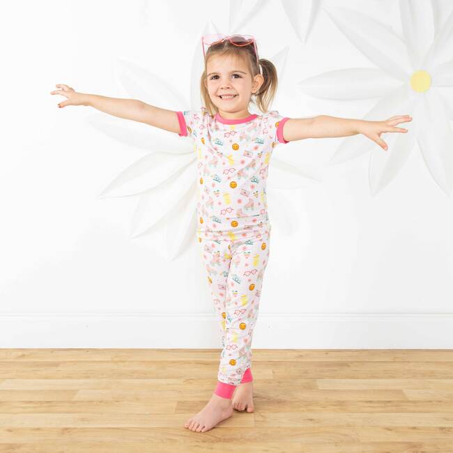 Let the Good Times Roll Roller Skates Two-Piece Bamboo Short Sleeve Kids Pajama Pants Set Pink/Multi - Mixed Apparel Set - 2