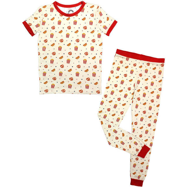 Here For the Snacks Two-Piece Bamboo Short Sleeve Kids Pajama Pants Set Beige/Multi