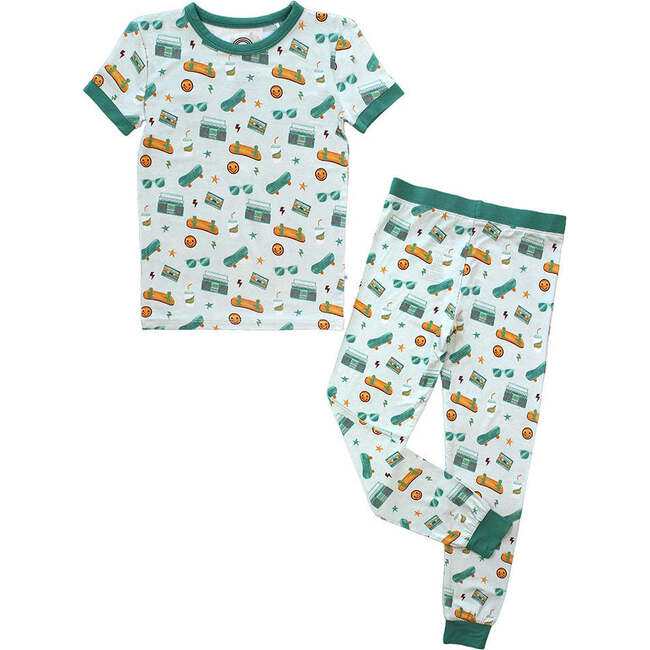 Roll With It Skateboard Two-Piece Bamboo Short Sleeve Kids Pajama Pants Set Green/Multi