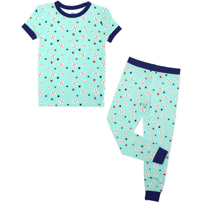 Baseball Buddies Two-Piece Bamboo Short Sleeve Kids Pajama Pants Set Blue/Multi