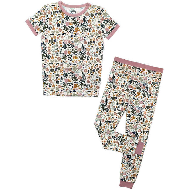 Tropical Paradise Floral Two-Piece Bamboo Short Sleeve Kids Pajama Pants Set Beige/Multi