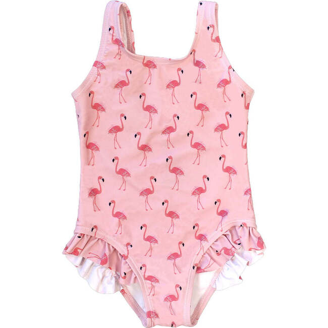 Fancy Flamingos Ruffle Leg One Piece Girls Swimsuit Pink