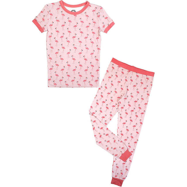 Fancy Flamingos Two-Piece Bamboo Short Sleeve Kids Pajama Pants Set Pink