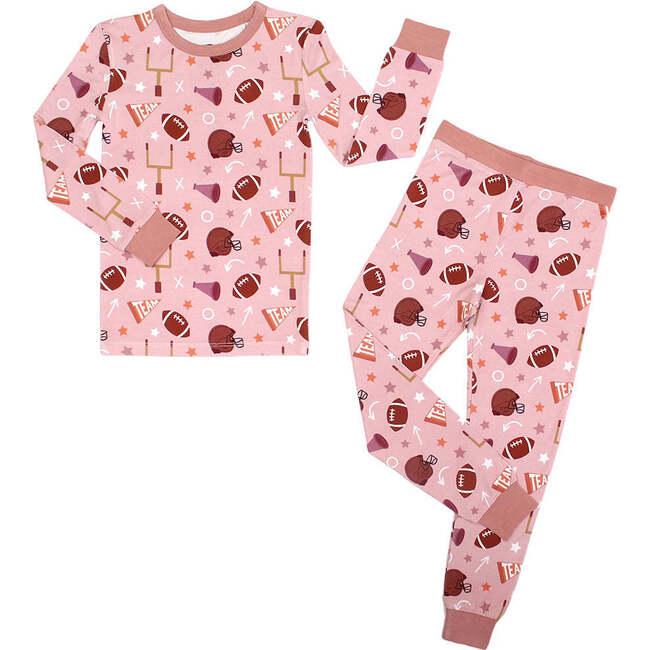 Game Day Rose Football Two-Piece Bamboo Long Sleeve Kids Pajama Pants Set Pink/Multi