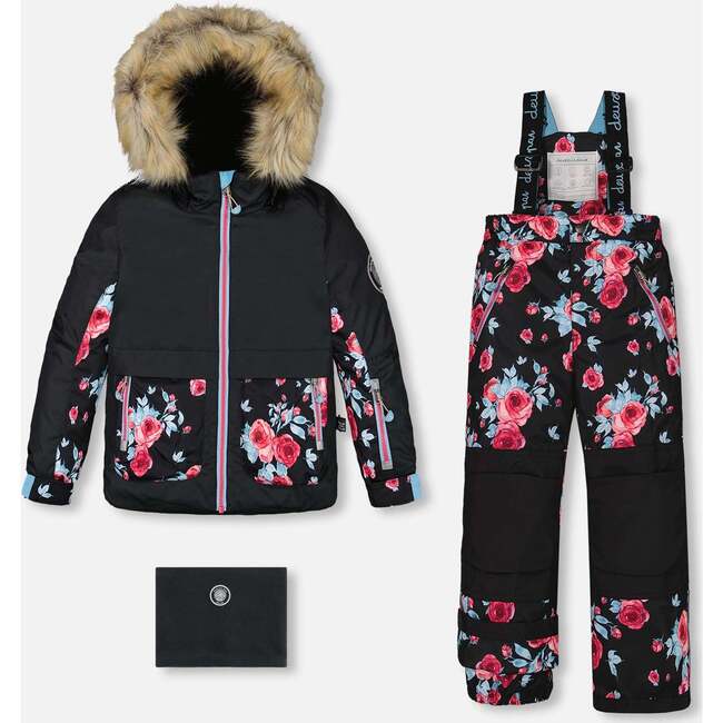 Roses Print Detachable Hood 2-Piece Snowsuit, Black