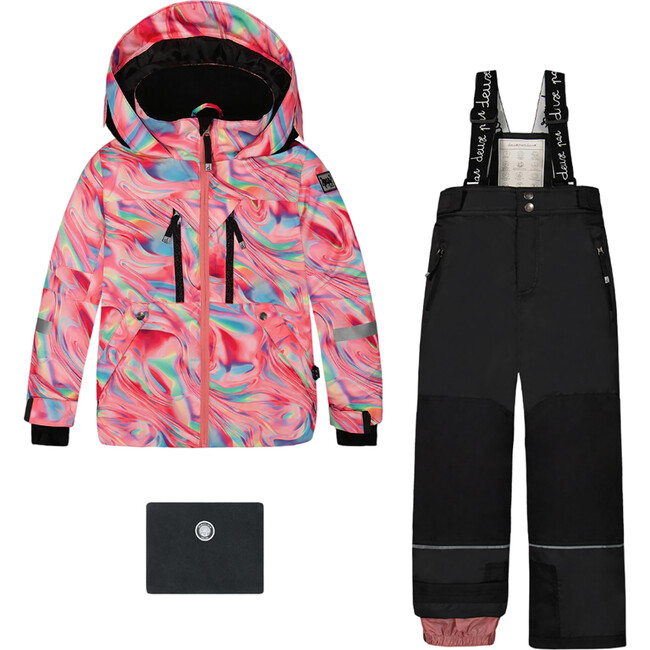 Marble Print Hooded 2-Piece Technical Snowsuit, Multicolors & Black