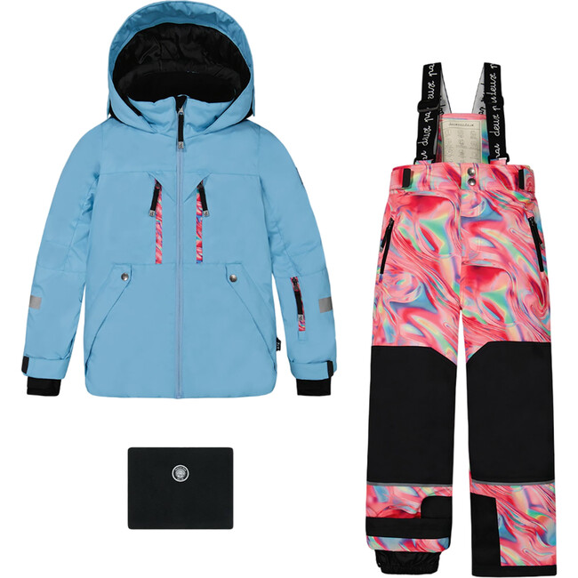 Marble Print Hooded 2-Piece Technical Snowsuit, Air Blue & Multicolors