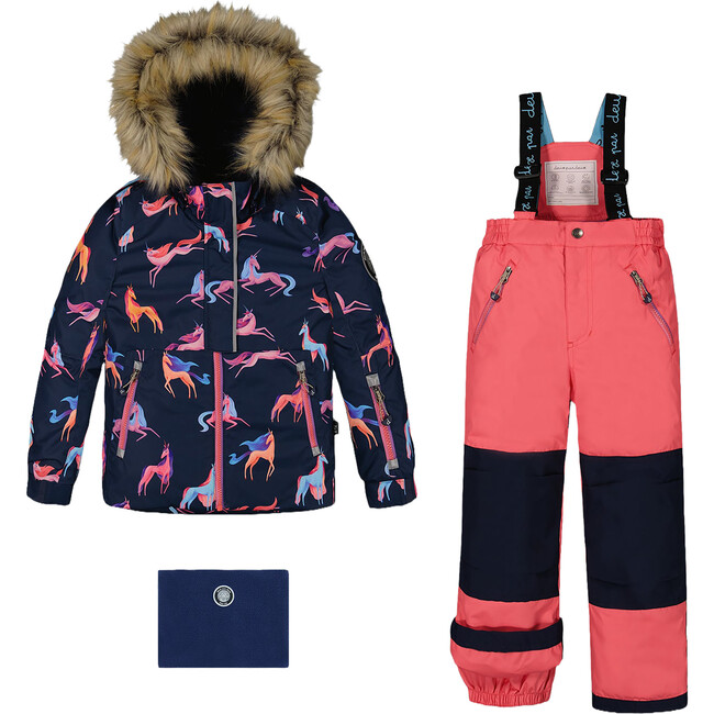 Unicorn Print Detachable Hood 2-Piece Snowsuit, Navy & Coral