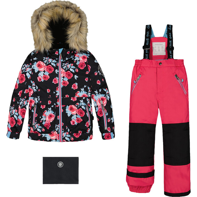 Rose Print Detachable Hood 2-Piece Snowsuit, Black & Fuschia Pink