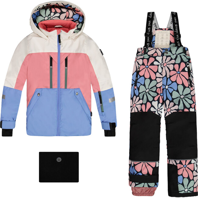 Retro Flowers Print Color-Block Hooded 2-Piece Technical Snowsuit, Multicolors