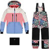 Retro Flowers Print Color-Block Hooded 2-Piece Technical Snowsuit, Multicolors - Snowsuits - 1 - thumbnail