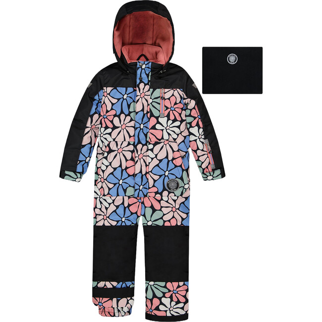 Retro Flowers Print Detachable Hood One-Piece Snowsuit, Black & Multicolors