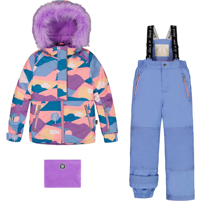 Landscape Print Detachable Hood 2-Piece Snowsuit, Vintage Blue