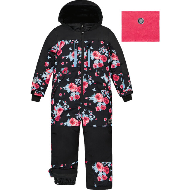 Roses Print Hooded One-Piece Technical Snowsuit, Black