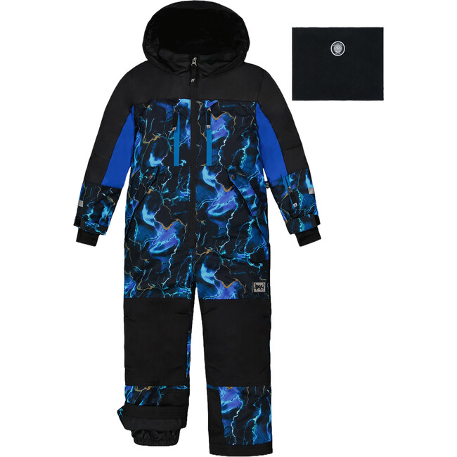 Storm Print Hooded One-Piece Technical Snowsuit, Black