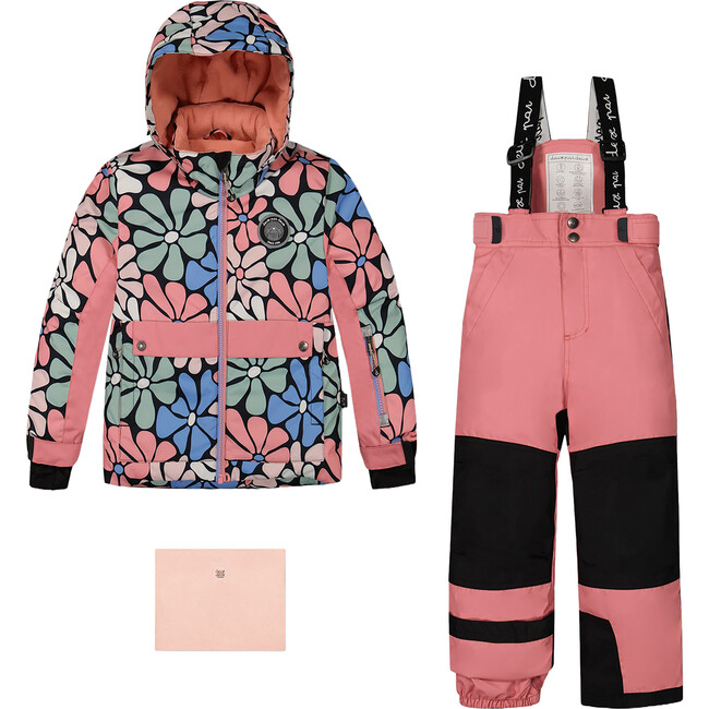 Retro Flowers Print Detachable Hood 2-Piece Snowsuit, Pink