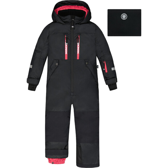 Hooded One-Piece Technical Snowsuit, Black & Candy Pink