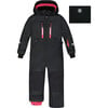 Hooded One-Piece Technical Snowsuit, Black & Candy Pink - Snowsuits - 1 - thumbnail