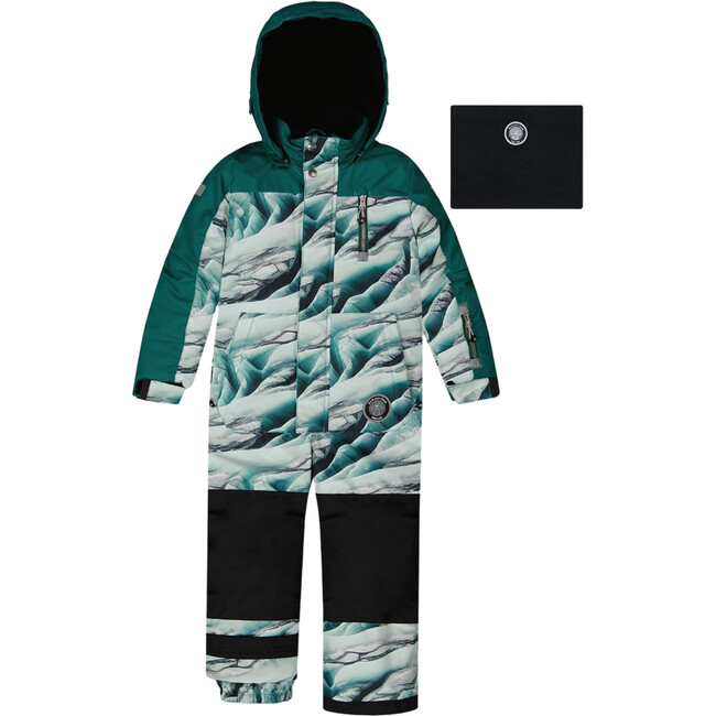 Glaciers Print Detachable Hood One-Piece Snowsuit, Forest Green