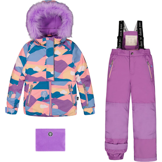 Landscape Print Detachable Hood 2-Piece Snowsuit, Mauve