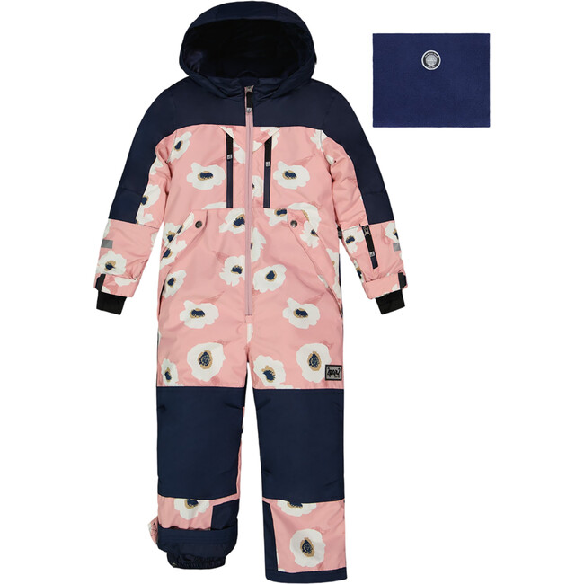 Flowers Print Hooded One-Piece Technical Snowsuit, Pink & Off-White