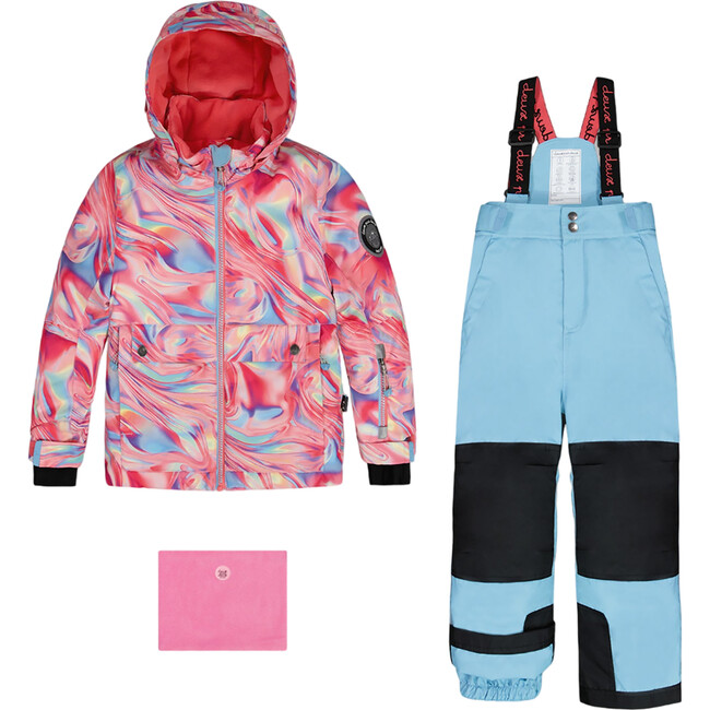 Marble Print Detachable Hood 2-Piece Snowsuit, Air Blue Multicolors