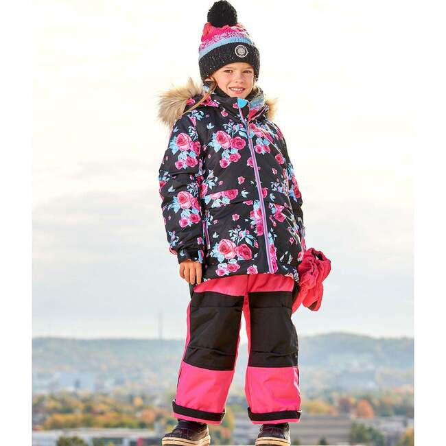 Rose Print Detachable Hood 2-Piece Snowsuit, Black & Fuschia Pink - Snowsuits - 2