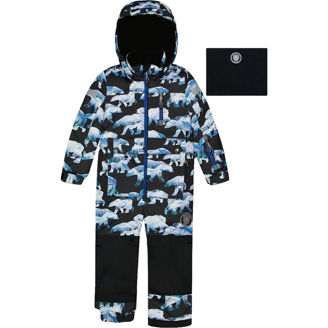 Polar Bears Print Detachable Hood One-Piece Snowsuit, Black